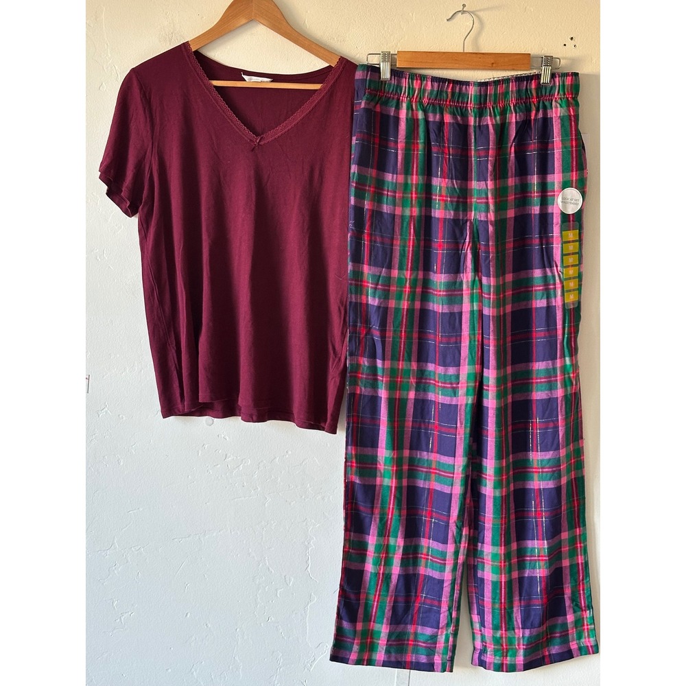 Roudelain Pajama Bottoms Size Medium Purple Plaid Metallic Pants NEW Holiday